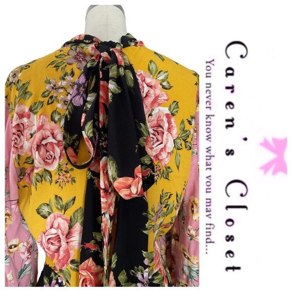 Zara Mixed Floral Long Sleeve Tie Neck Boho Chic Dress - Picture 9 of 12